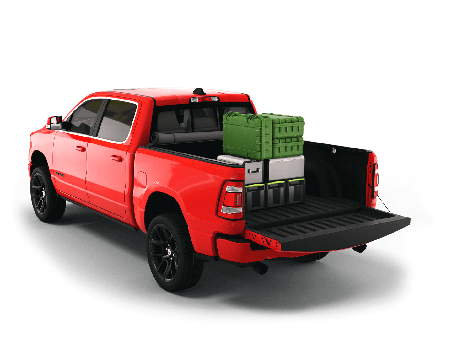 Red Ram 1500 with gear in the truck bed and the Sawtooth Stretch tonneau cover rolled up at cab